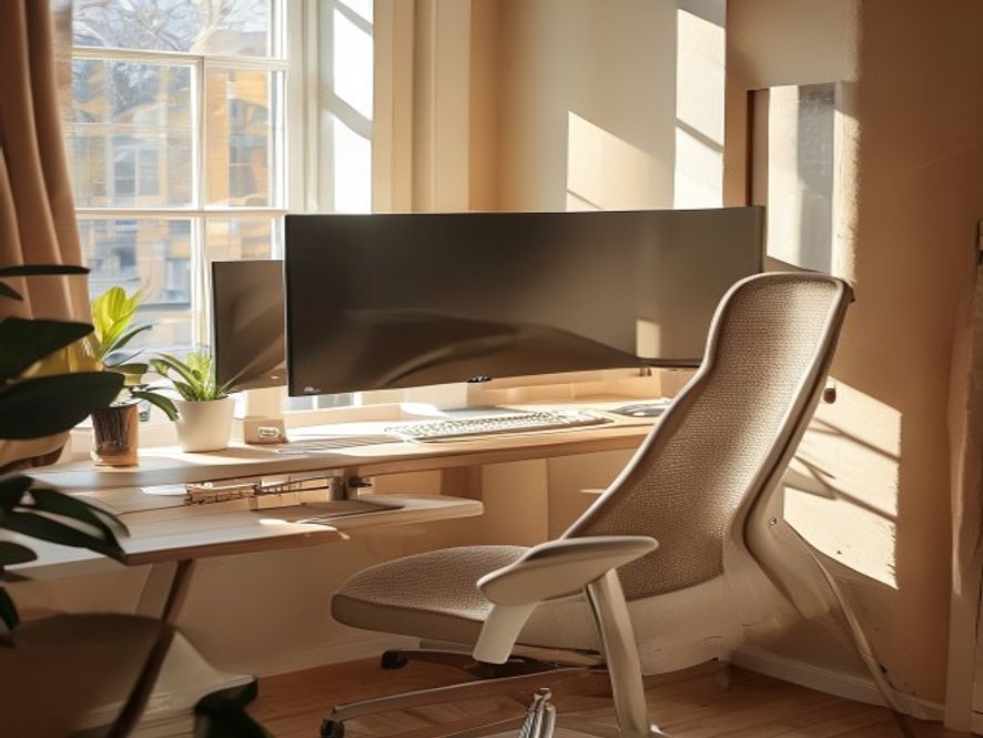 Valoisa ergonominen työpiste näyttöjen ja muistiinpanojen kanssa